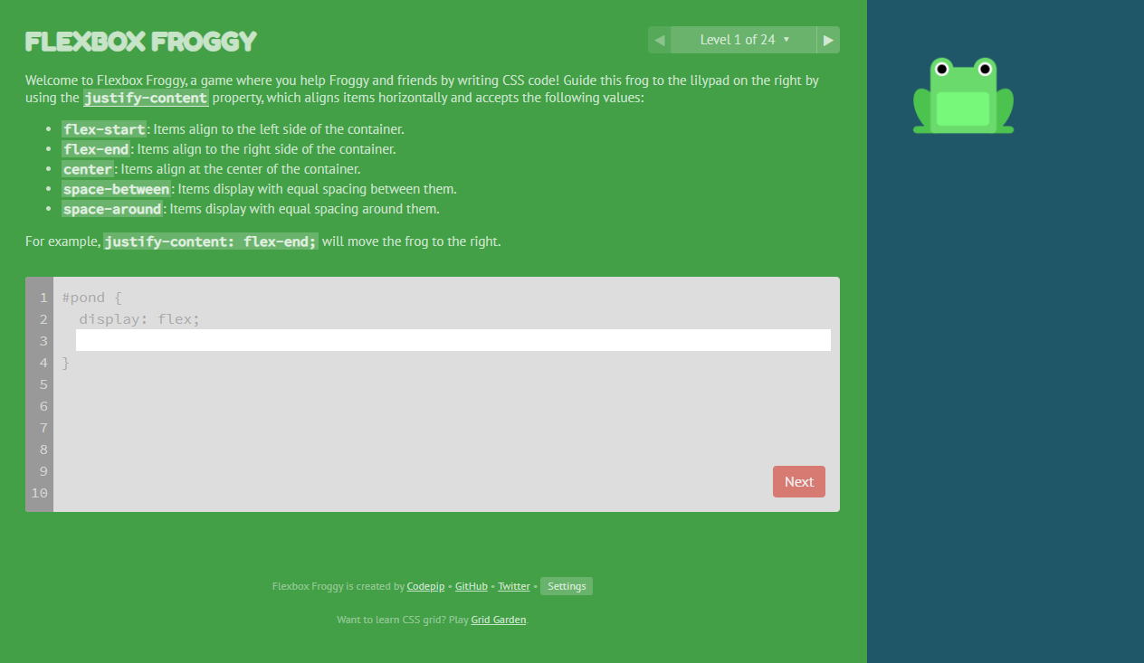 screenshot of the flexbox froggy game