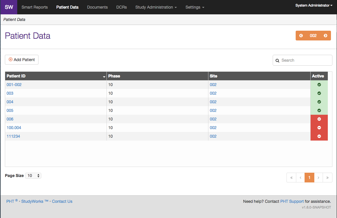 Patient management screen